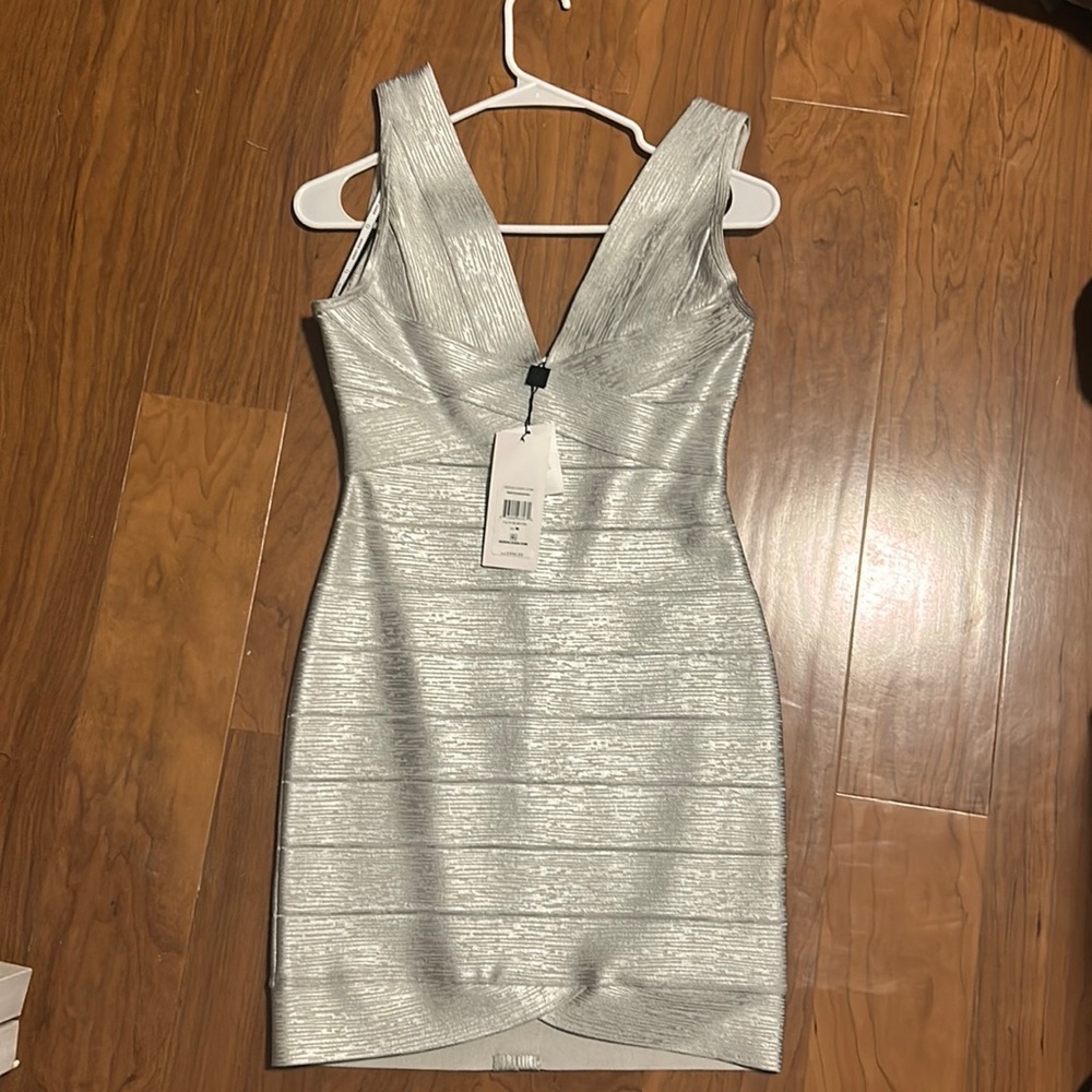 Brand new Herve Leger Silver foil bodycon dress